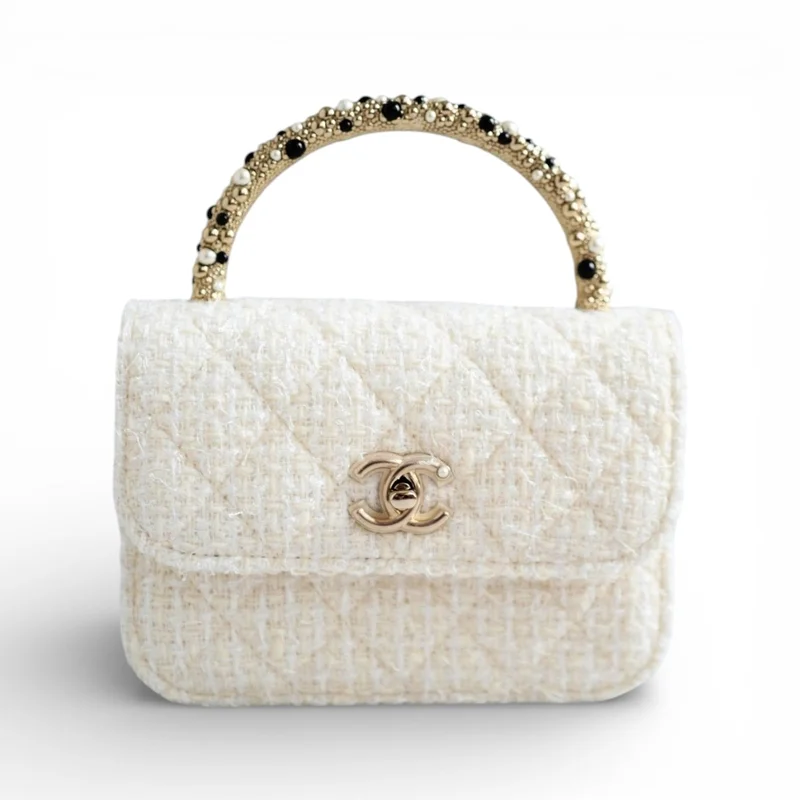 CHANEL チェーン クラッチ ツイード パール トップハンドル AP4975 B22608 M4812