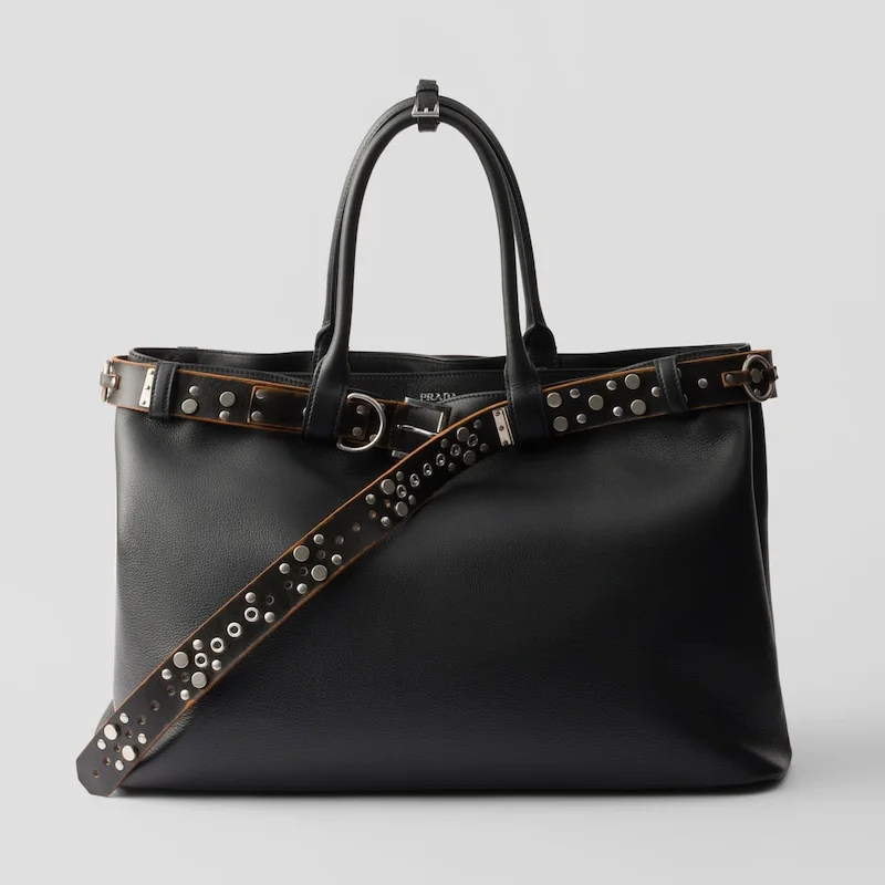 PRADA バックル レザーバッグ スタッズベルト付き 2VG126 2CYS F0002 ブラック